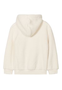 Felpa con cappuccio color crema in pile, con una morbida texture, dotata di cappuccio, polsini elastici e una silhouette rilassata. Senza marchi o motivi visibili.