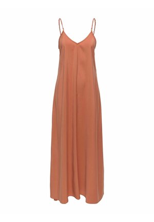 Robe maxi sans manches orange rouille avec bretelles spaghetti tressées et décolleté en V, fluide et ample jusqu'au sol.
