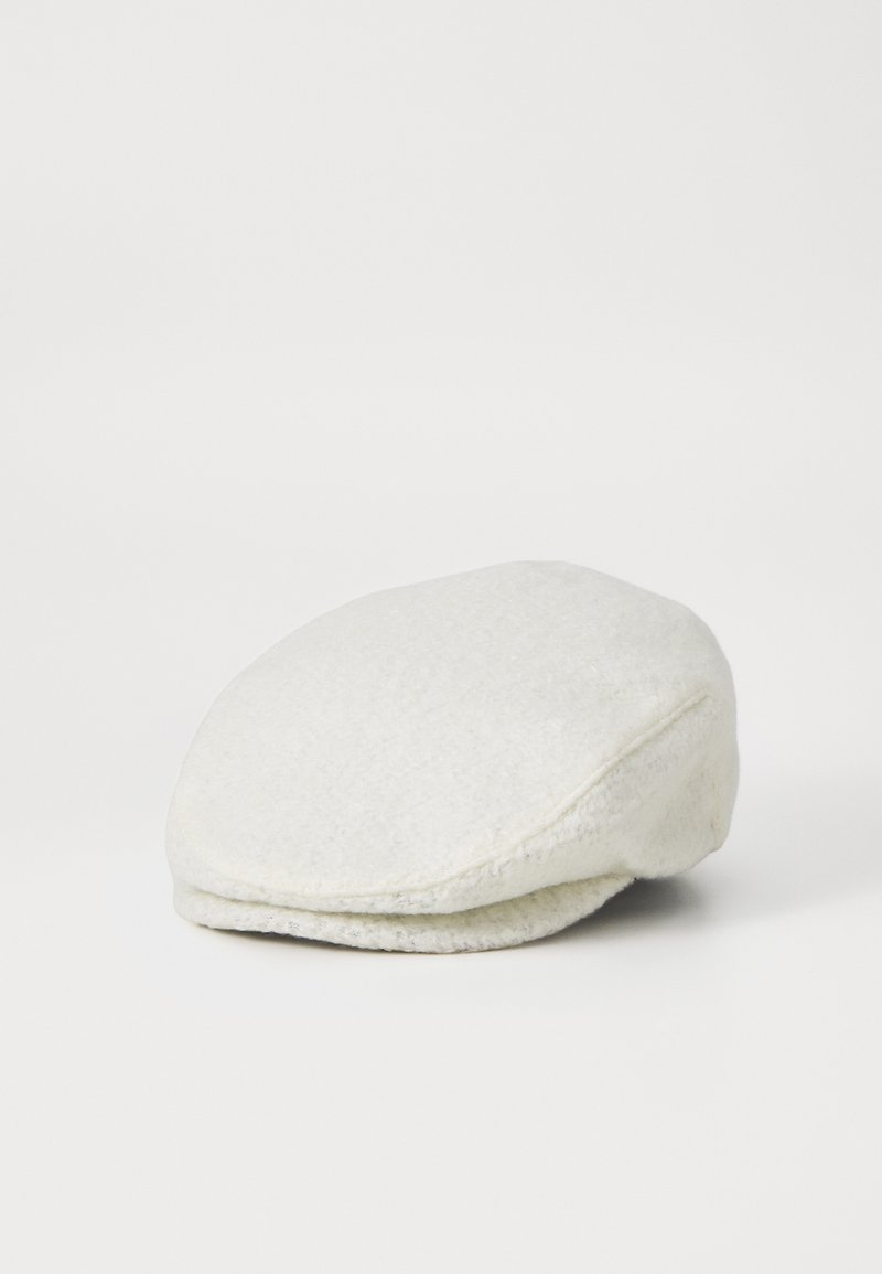 Woolen white flat cap with a slightly rounded crown and a narrow brim, featuring a smooth texture and subtle stitching detail.