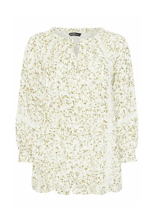 Langärblige weiße Bluse mit hellgrünem Blumenmuster, Knopfleiste, Spitzenbesatz und gerafftem Ausschnitt mit Binddetail.