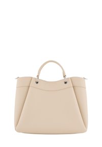 Borsa tote beige realizzata in pelle testurizzata con parte superiore curva, manici doppi e dettagli in metallo argentato. Forma liscia e strutturata.