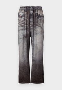 Denim broek met een vervaagde blauw naar grijs gradient, elastische tailleband en voorkruiken. Heeft een gestructureerde afwerking met subtiele stiksels.