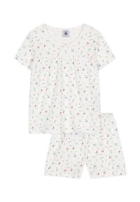 Set di pigiama in cotone a maniche corte di colore crema chiaro con stampa floreale in rosa, blu e verde. Presenta un collo arricciato e pantaloni corti con vita elastica.