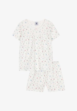 Kurzarm-Pyjama-Set aus Baumwolle in hellem Creme mit floralem Druck in Pink, Blau und Grün. Es verfügt über einen gerafften Ausschnitt und Shorts mit elastischem Bund.