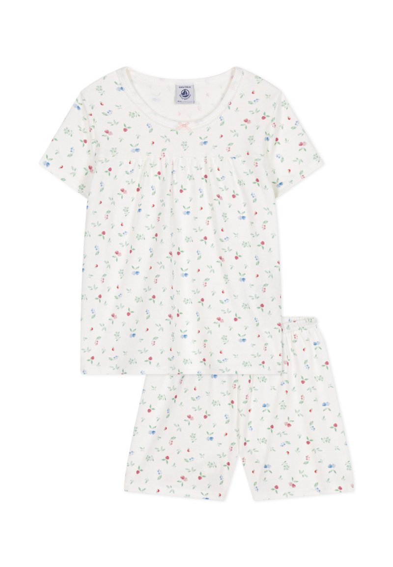 Set di pigiama in cotone a maniche corte di colore crema chiaro con stampa floreale in rosa, blu e verde. Presenta un collo arricciato e pantaloni corti con vita elastica.