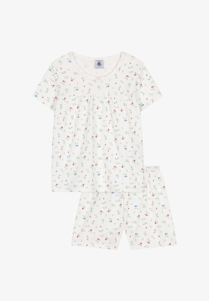 Set di pigiama in cotone a maniche corte di colore crema chiaro con stampa floreale in rosa, blu e verde. Presenta un collo arricciato e pantaloni corti con vita elastica.