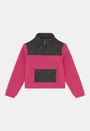 Giacca rosa con colletto alto, caratterizzata da una parte superiore a motivo nero e una tasca frontale. Realizzata in tessuto liscio, con chiusura a zip.