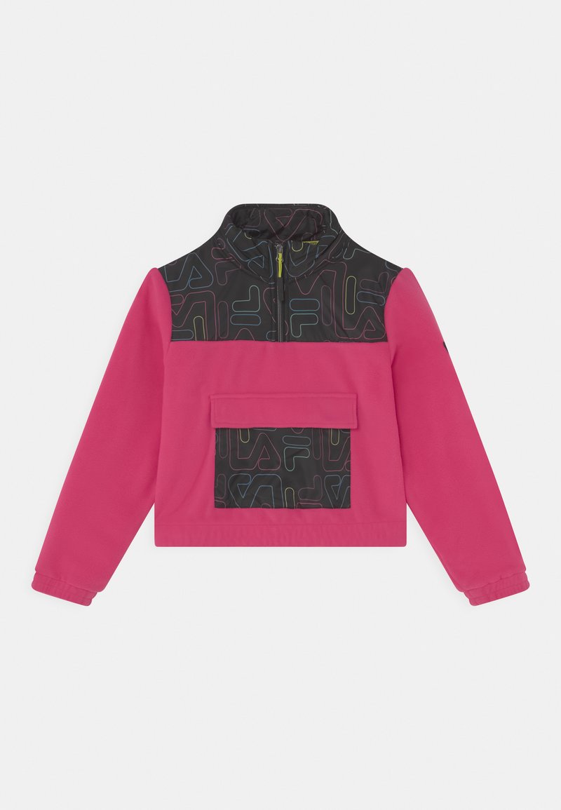 Giacca rosa con colletto alto, caratterizzata da una parte superiore a motivo nero e una tasca frontale. Realizzata in tessuto liscio, con chiusura a zip.