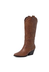 Stivale da cowboy in pelle marrone con punta affilata, tacco a cuneo e cuciture decorative sulla parte superiore. Presenta una linguetta per una facile calzata.