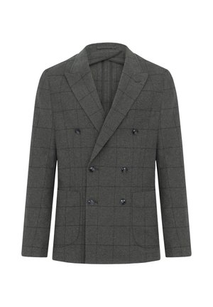 Dunkelgraue, zweireihige Jacke aus Wolle mit Karomuster. Verfügt über breite Revers, vier Frontknöpfe und zwei Fronttaschen.