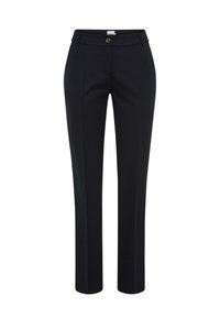Zwarte op maat gemaakte rechte broek met riemlussen, sluiting met voorste knoop en plooien aan de voorkant van elke been, weergegeven op een witte achtergrond.