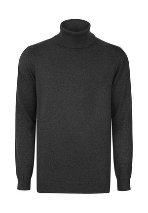 Suéter de cuello alto gris oscuro con mangas largas, con cuello y puños acanalados; hecho de una suave tela de punto. Sin patrones ni herrajes visibles.