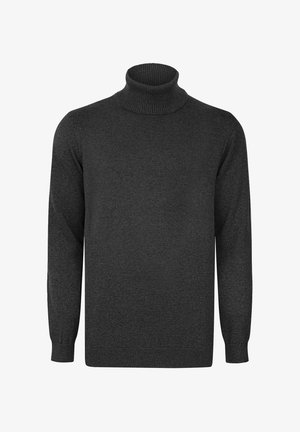 Dark gray turtleneck sweater with long sleeves, ribbed collar, and cuffs; made from a soft knit fabric. No patterns or hardware visible.