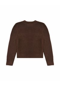 Brown cropped sweater, made of soft material, featuring long sleeves, a round neckline, and a smooth texture without patterns or embellishments.