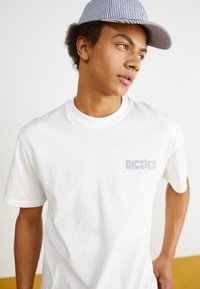 White cotton T-shirt with "DICKIES" embroidered in dark blue, paired with a blue and white striped cap. Model poses with a neutral expression.