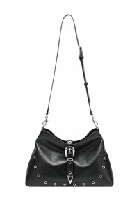 Borsa a tracolla in pelle nera con una forma curva, dotata di accessori in metallo argentato, dettaglio con fibbia sul davanti e occhielli in metallo lungo il bordo.