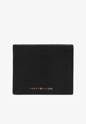 Sort læder bifold pung med guld Tommy Hilfiger logo centreret i bunden foran.