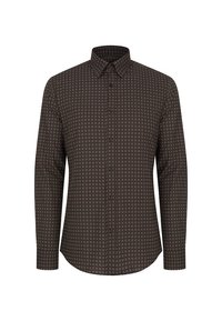 Koszula z długim rękawem w ciemnobrązowym materiale z geometrycznym wzorem w jasnych odcieniach, z kołnierzykiem zapinanym na guziki i standardowymi mankietami.