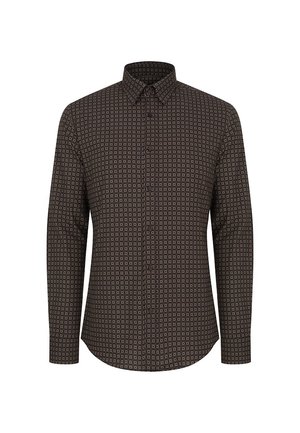 Koszula z długim rękawem w ciemnobrązowym materiale z geometrycznym wzorem w jasnych odcieniach, z kołnierzykiem zapinanym na guziki i standardowymi mankietami.