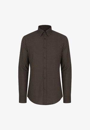 Koszula z długim rękawem w ciemnobrązowym materiale z geometrycznym wzorem w jasnych odcieniach, z kołnierzykiem zapinanym na guziki i standardowymi mankietami.