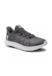 Grauer Sportschuh mit einem strukturierten Mesh-Obermaterial, runder Zehenpartie und Schnürsenkeln. Verfügt über eine weiße gepolsterte Sohle und dezente Markenlogos auf der Zunge.