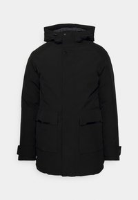 Parka nera isolata con cappuccio, dotata di chiusura frontale a zip, due ampie tasche frontali e una finitura testurizzata per il calore.
