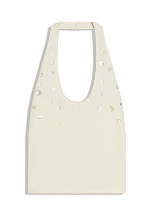 Ärmelloses Oberteil aus cremefarbenem Stoff mit weitem Ausschnitt und verstreuten kleinen perlenähnlichen Verzierungen auf der Vorderseite.