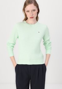 Pull en maille vert menthe avec un motif texturé, col rond et poignets côtelés. Petit détail de logo près de la poitrine.