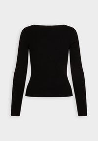Schwarzes, geripptes Langarmoberteil mit weitem Ausschnitt, figurbetonter Silhouette und strukturiertem Stoff. Glatte, weiche Oberfläche ohne sichtbare Verzierungen.