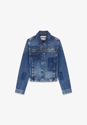 Jasnoniebieska kurtka dżinsowa o skróconym kroju. Posiada kieszenie z przodu, metalowe guziki oraz naszywki w ciemniejszych odcieniach niebieskiego.