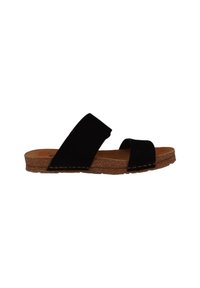 Zwarte suede slidesandaal met twee brede banden, kurken voetbed en gestikte details langs de zool. Platte loopzool voor comfort.