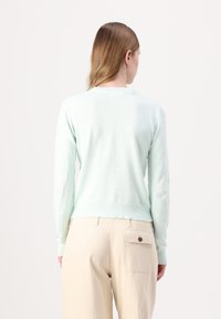 Lys myntegrønn genser med rund hals, rillede mansjetter og nederkant. Brukt over beige bukser med baklomme og knappe detaljer.