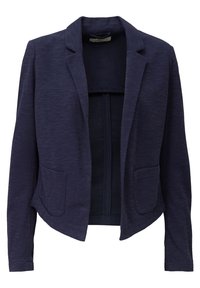 Blazer azul marino hecho de tela texturizada. Presenta solapas, frente abierto y dos bolsillos frontales. La forma entallada mejora el ajuste.