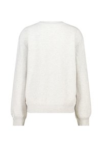 Sudadera de manga larga en gris claro liso con puños y dobladillo acanalados, vista desde la parte posterior sobre un fondo blanco.