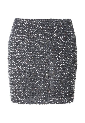 Szara spódnica mini z cekinami, cechująca się dopasowanym krojem i teksturowaną powierzchnią stworzoną przez liczne błyszczące okrągłe cekiny.