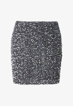 Szara spódnica mini z cekinami, cechująca się dopasowanym krojem i teksturowaną powierzchnią stworzoną przez liczne błyszczące okrągłe cekiny.