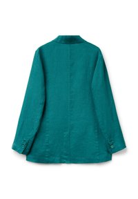 Tyrkysový lněný blazer s dlouhým rukávem, dvěma knoflíkovými manžetami, středovým zadním švem a mírně rozšířeným spodním lemem, zobrazený zezadu na bílém pozadí.