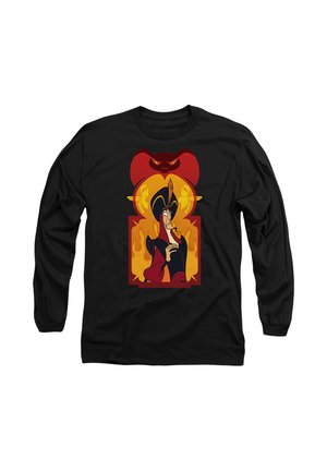 Black long-sleeve shirt featuring a colorful graphic design of a character with a pointed hat, set against a fiery background.