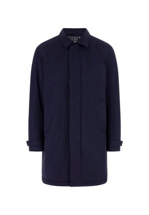 Manteau bleu marine pour homme, mi-long, avec col, manches longues, poches latérales et fermeture frontale dissimulée.