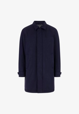 Męski granatowy płaszcz o średniej długości z kołnierzem, długimi rękawami, bocznymi kieszeniami i ukrytą z przodu zapięciem.