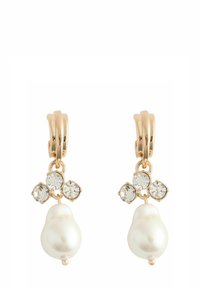 Gold-tone earrings feature three sparkling crystals above a pearlescent drop bead, showcasing a smooth texture and an elegant design.