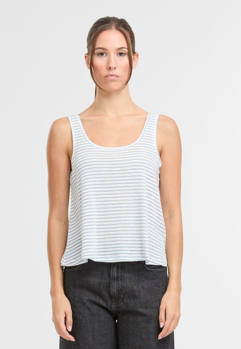 Stribet tanktop med lyseblå og hvide farver, scoop-udskæring og afslappet pasform, parret med mørk denim jeans. Glat stofstruktur.