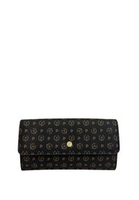 Portafoglio nero con pattern a logo in oro embosso, texture liscia, forma rettangolare e chiusura a scatto dorata.