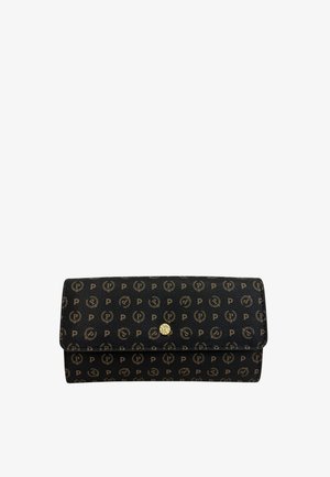Portafoglio nero con pattern a logo in oro embosso, texture liscia, forma rettangolare e chiusura a scatto dorata.