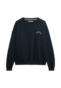 Ciemnoniebieski długi rękaw, bluza z ribbowanymi mankietami i dołem, okrągły dekolt oraz małe, zakrzywione logo "SUPERDRY" na piersi.