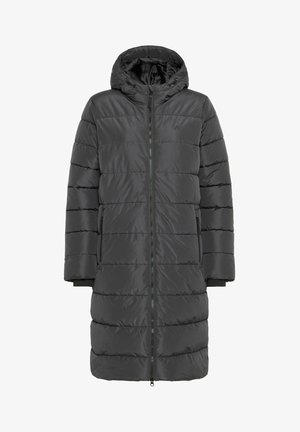 Mustrakk must coat, millel on pikk siluett, kapuuts, esine tõmblukk ja tikitud horisontaalsed osad. Omab elastseid varrukaid ja küljetaskuid.