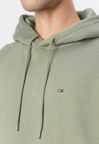 Olive green hoodie with drawstrings, featuring a small logo in red, white, and blue. Soft texture, casual design, and long sleeves.