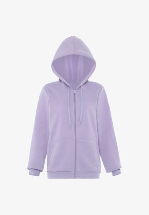 Lichtpaarse rits hoodie met een trekkoord in de capuchon, voorzakken en geribde manchetten. Gemaakt van zacht fleece materiaal. Glad van structuur.