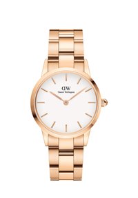 Rose gold wristwatch with a circular case, white dial, slender indexes, and a polished link bracelet. Features a crown on the right side.