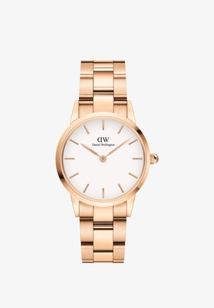 Roségoldene Armbanduhr mit einem runden Gehäuse, weißem Zifferblatt, schlanken Indizes und einem polierten Gliederarmband. Verfügt über eine Krone auf der rechten Seite.